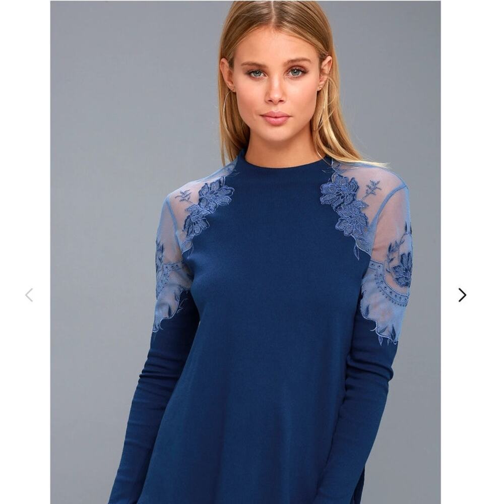 Free People Daniella Blue Embroidered Sweater Top